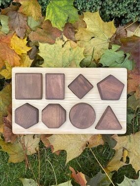 Wooden Geometric Shape Puzzle For Toddlers - Natural Brown Set